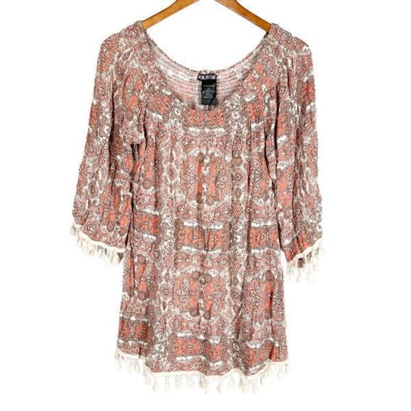 paper doll Tops - Paper Doll Blouse L Fringed Ivory Coral Paisley Elastic Neckline Tassel Fringe
